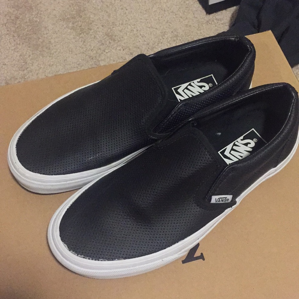 Vans perforated black leather slip on canvas shoes